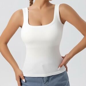 Women's White Ribbed Square Neck Built in Bra Tank Top Basic Stretch